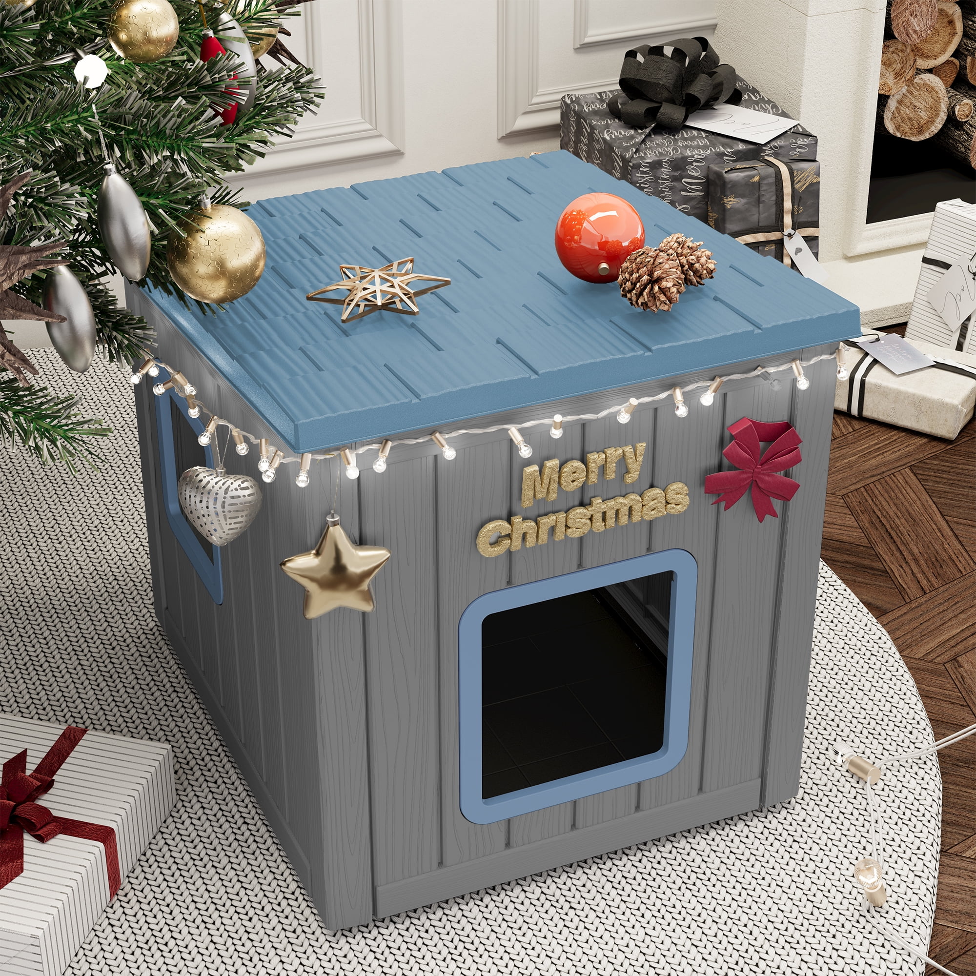 LHBcraft Outdoor Cat House,Durable Insulated PP Shelter for Feral Kittens,Weatherproof Shelter for Garden,Gray & Blue