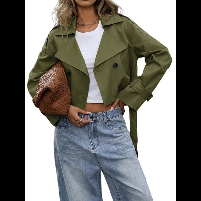Gabardina Corta con Solapa y Doble Botonadura para Mujer Verde M