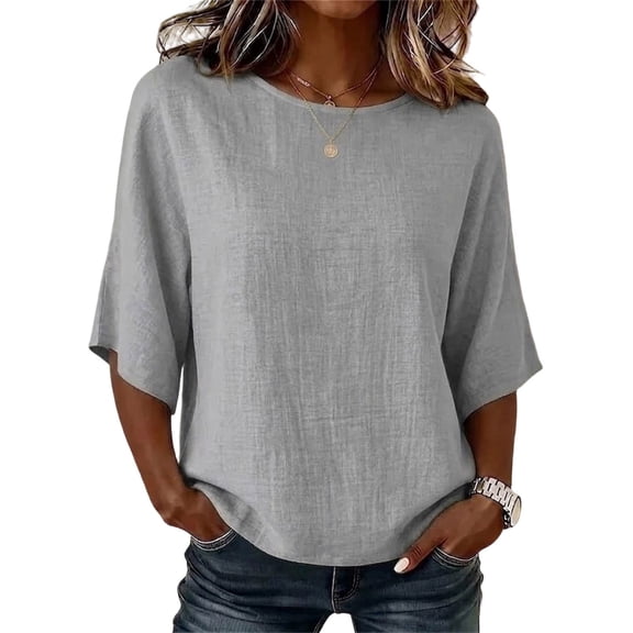 Miqool Women's Cotton Linen Tops 3/4 Sleeve Round Neck Loose Fit Blouse Lightweight Casual Summer Fall T Shirts