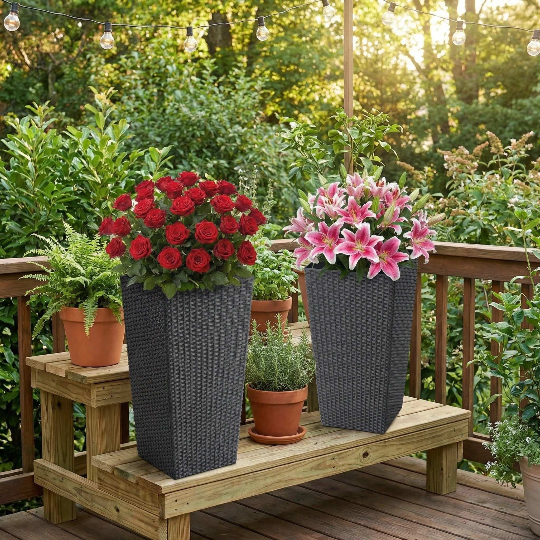 Garvee 22.5" Tall Planter Pots Set of 2, Rattan style, 2 Trays, Water Level Monitor, Wheels, Black