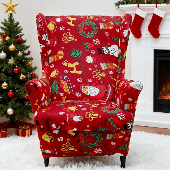 Eurhowing 2-Piece Stretch Wingback Chair Slipcovers, Christmas Elastic Armchair Cover with Cushion Cover, Xmas Decor Furniture Protector for Living Room, Red