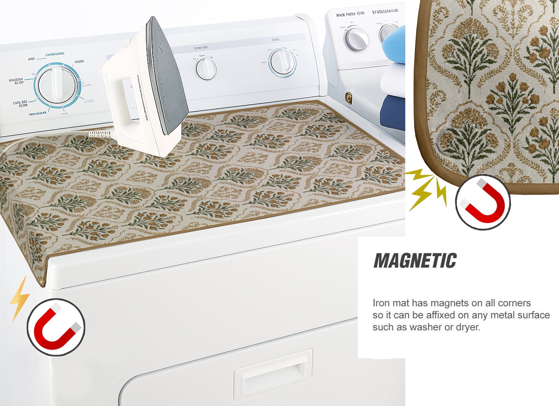 Vargottam Magnetic Ironing Mat - Foldable Cotton Iron Mat with Fiber Pad & Silicone Iron Rest - Portable, Washable, Travel-Friendly Ironing Board Alternative for Tabletop, Washer, Dryer - Floral