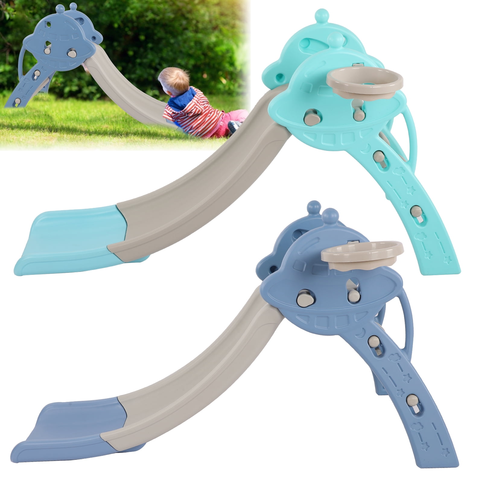 OTVIAP Children Slide Assemble Slide with Basketball Hoop Baby Kids