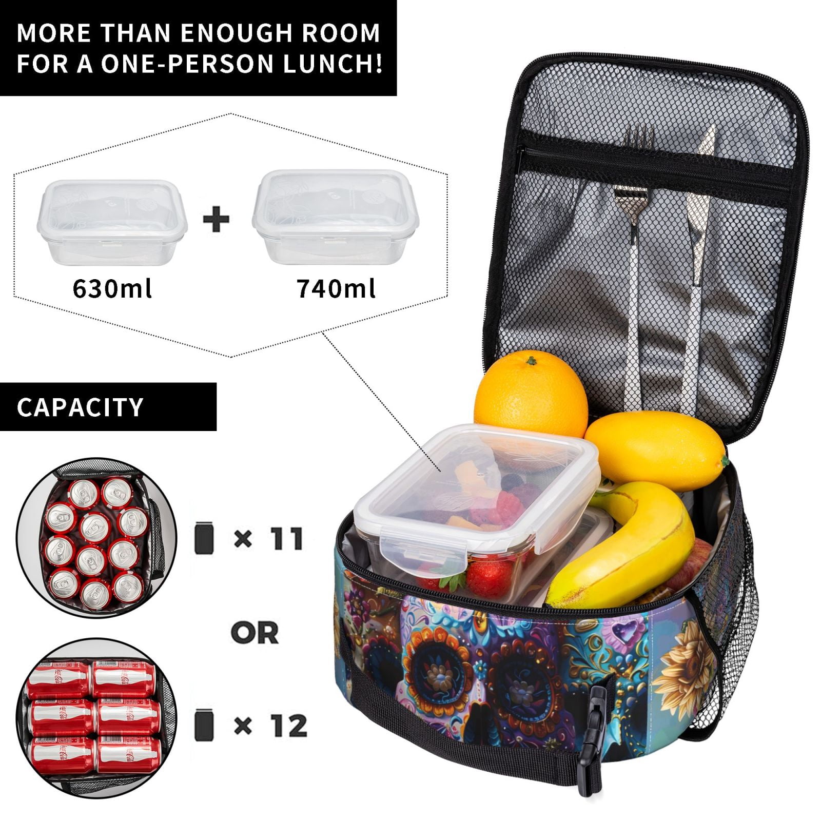 Lunch Bag For Women Men Insulated Portable Lunch Box Bento Box Office Picnic Travel Cooler Bag Festive Sugar Skulls (1)