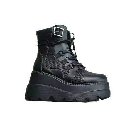 

SIMANLAN Women s Goth Boot Platform Buckle Boots Chunky High Heel Lace Up Punk Combat Boots Black 5.5