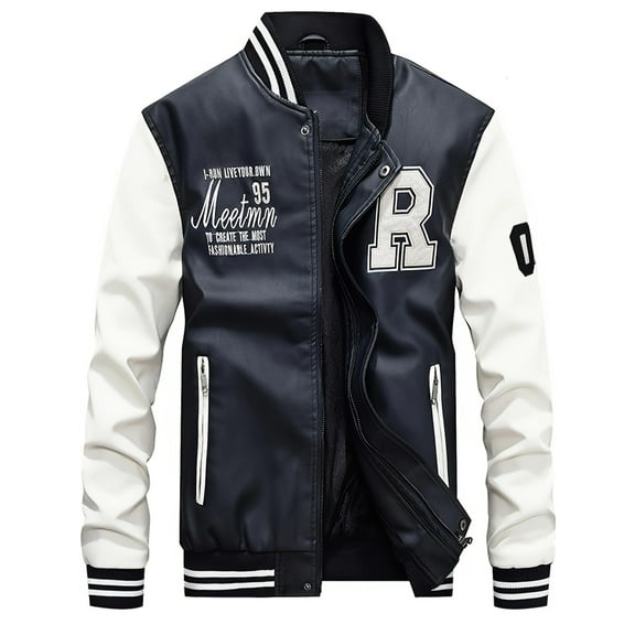 Men's Faux Leather Jacket Casual Baseball Stand Collar Slim Fit Coat