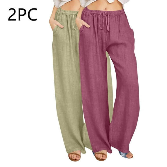 Wancir 2PC Women's Cotton Linen Pants,Summer Wide Leg Casual Loose Drawstring High Waist Palazzo Pants with Pockets