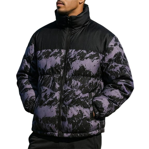 Men's Puffer Jacket Stand Collar Warm Down Coat Insulatedd Coat Color Block Winter Outerwear with Pockets Green 2XL