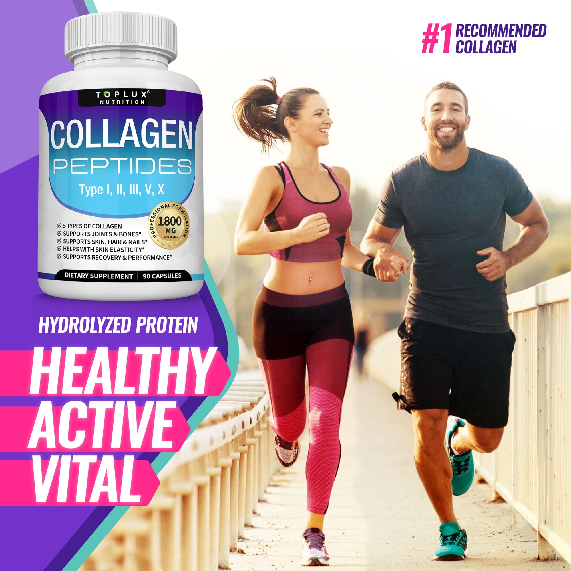 Toplux Multi Collagen Peptides Pills 1800mg Collagen Complex Type I, II, III, V, X for Better Skin & Hair, Strong Joint, Hydrolyzed Protein 90 Capsules