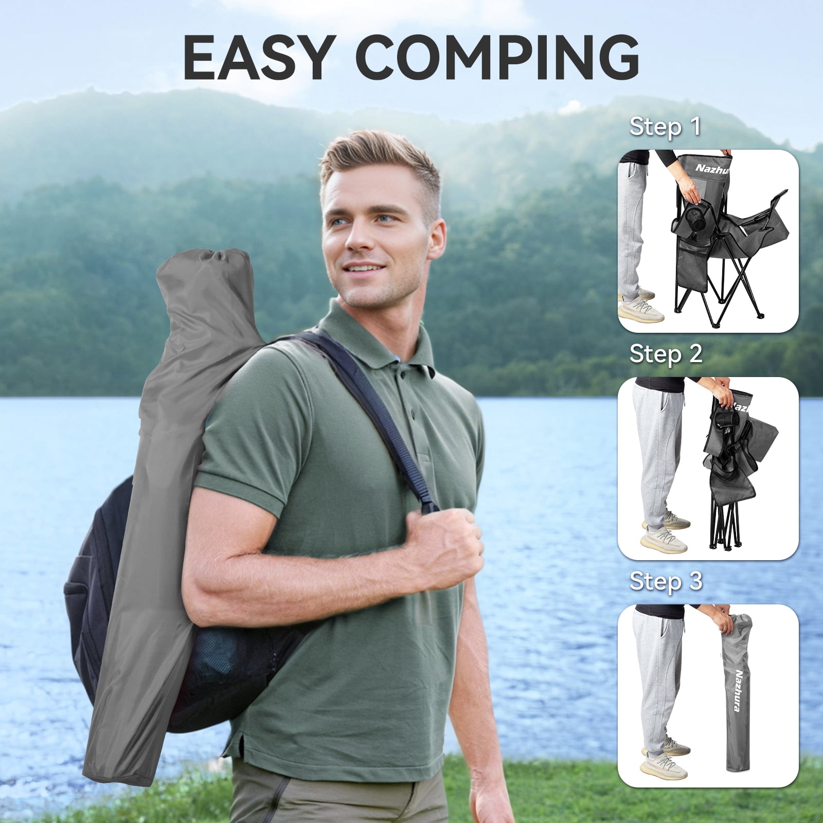 Nazhura Folding Camping Chairs, 2 Pack, Grey, Cooler Pouch