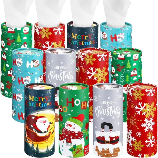 12 piezas de soporte para pañuelos de papel para coche de Navidad con pañuelos faciales a granel, caja de pañuelos cilíndrica redonda para viaje, tubos de pañuelos, servilletas, contenedor para