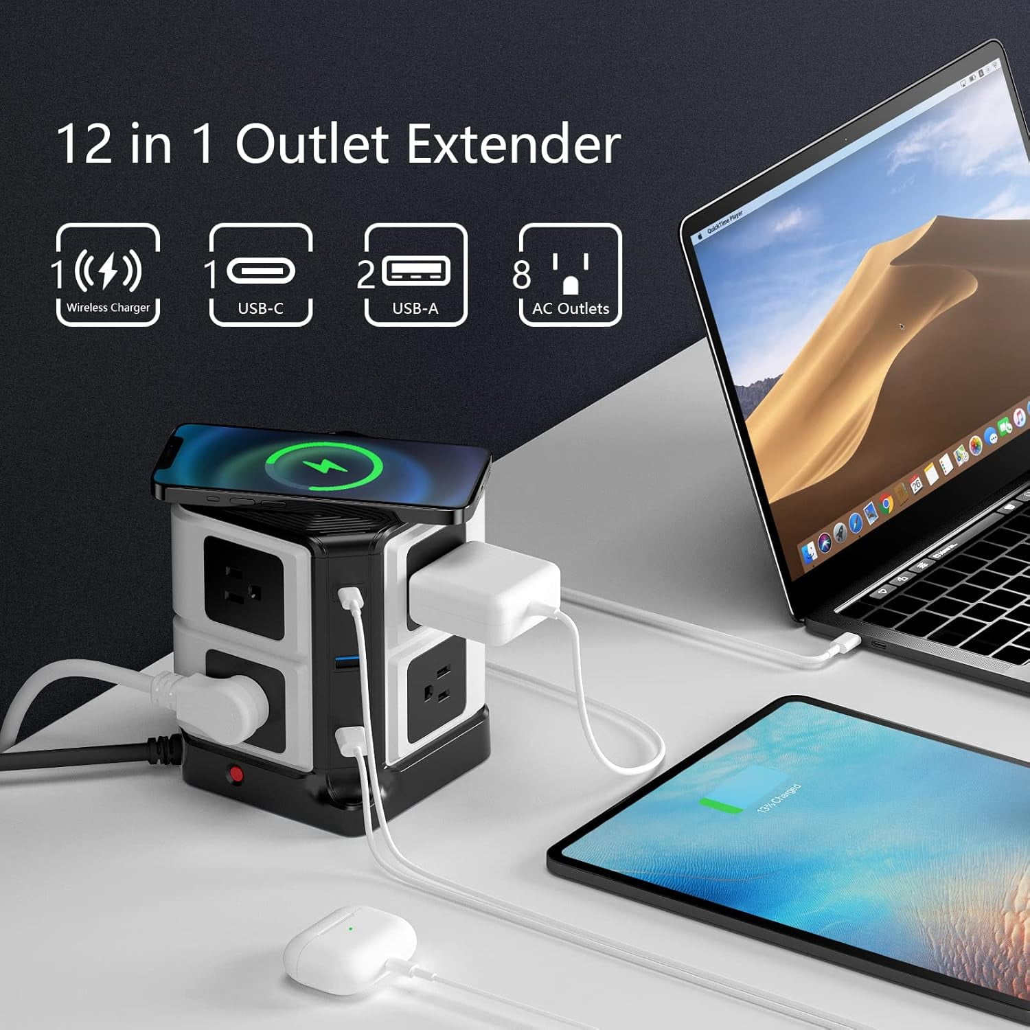 BESTEK 8 Outlet 6 USB Power Strips Tower, Surge Protector with 10W Wireless Charger & PD20W USB C, 4000Joules, 5ft Cord, Black