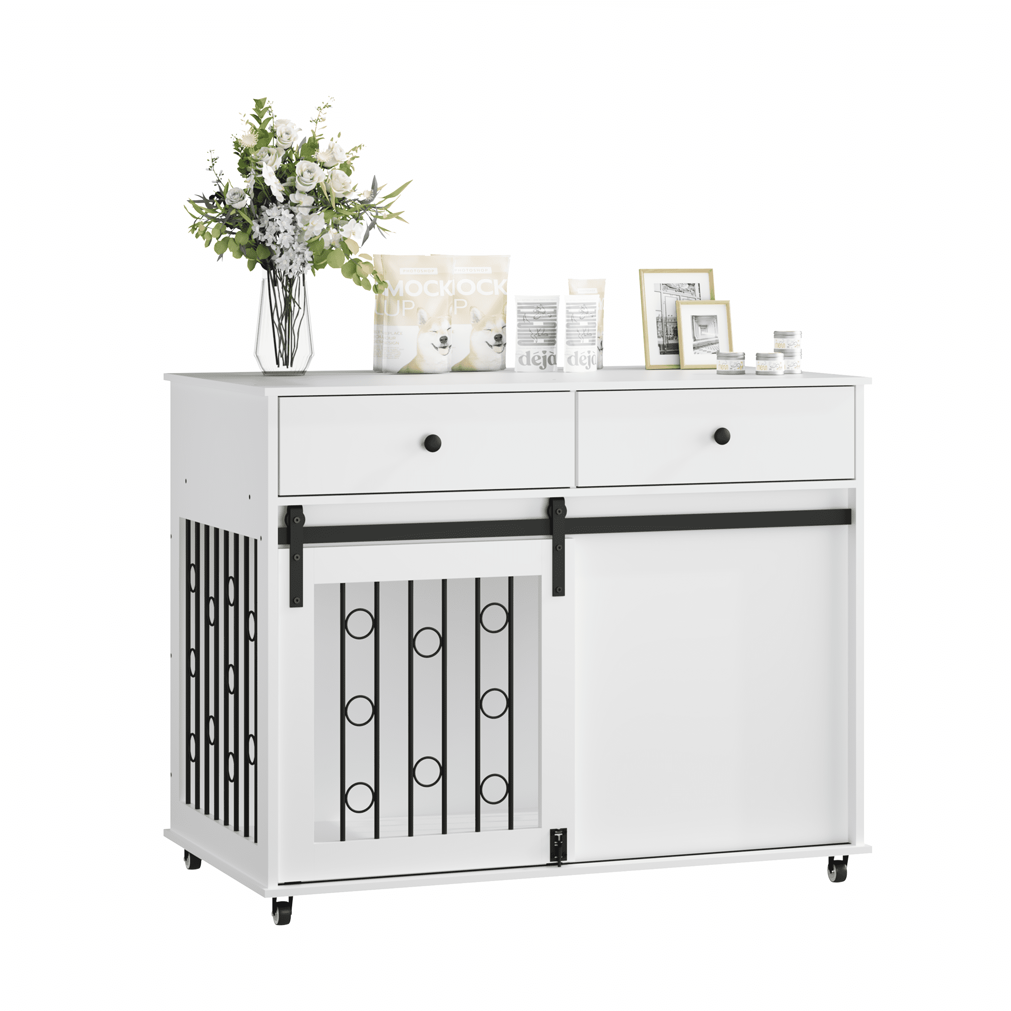 Modern Wooden Dog Crate Furniture, 39.37 Inch Decorative Pet Kennel End Table with Sliding Barn Door, Double Storage Drawers & Lockable Wheels, Stylish Dog Cage for Small Medium Dogs, White