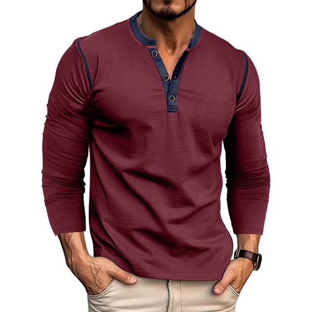 Blusas y camisas de manga larga con cuello redondo para hombre, estilo casual, a la moda, de color liso, transpirables, de manga larga, con cuello redondo y bolsillos con botones, blusa de poliéster p