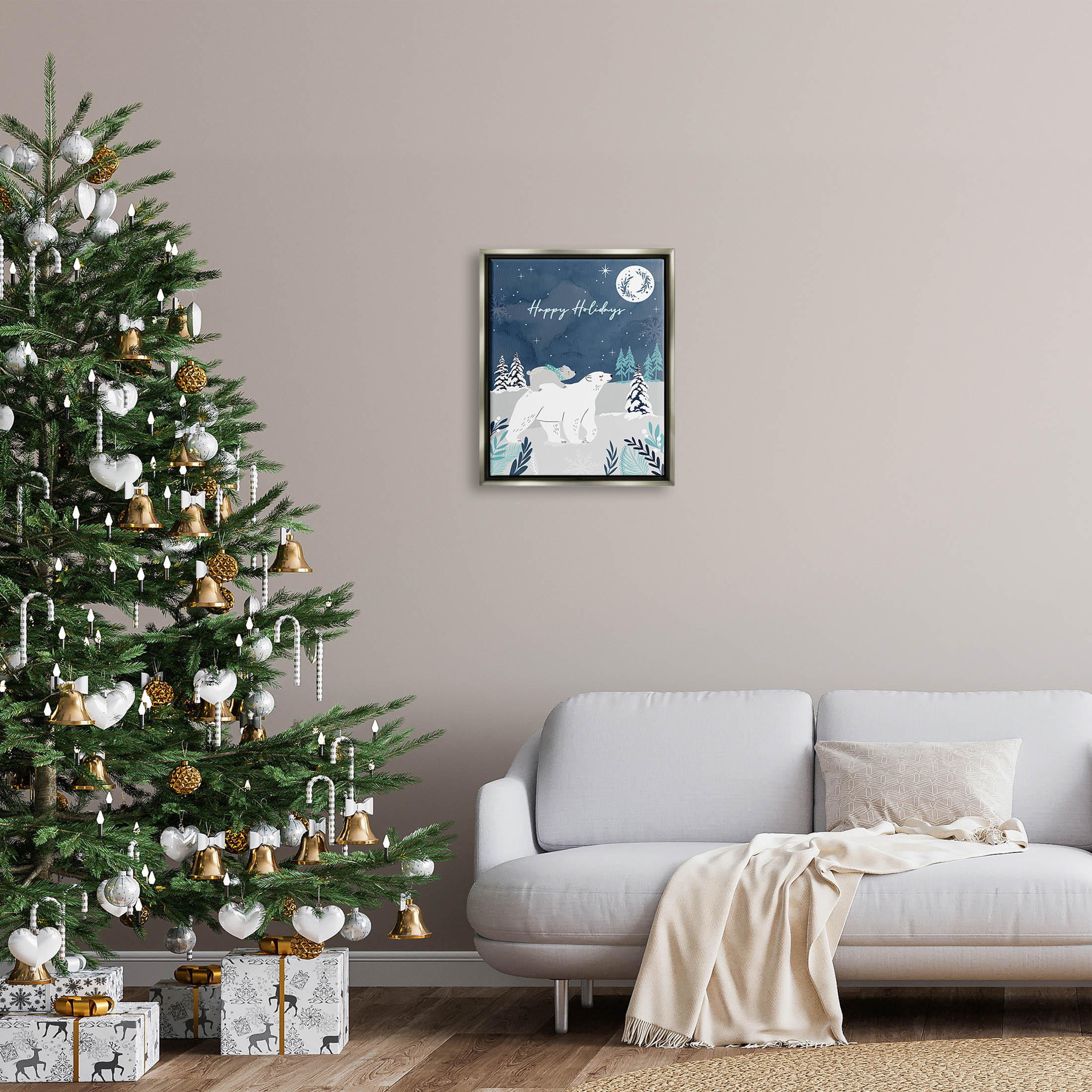 Happy Holidays Winter Snow Bears Holiday Graphic Art Luster Gray Framed Art Print Wall Art