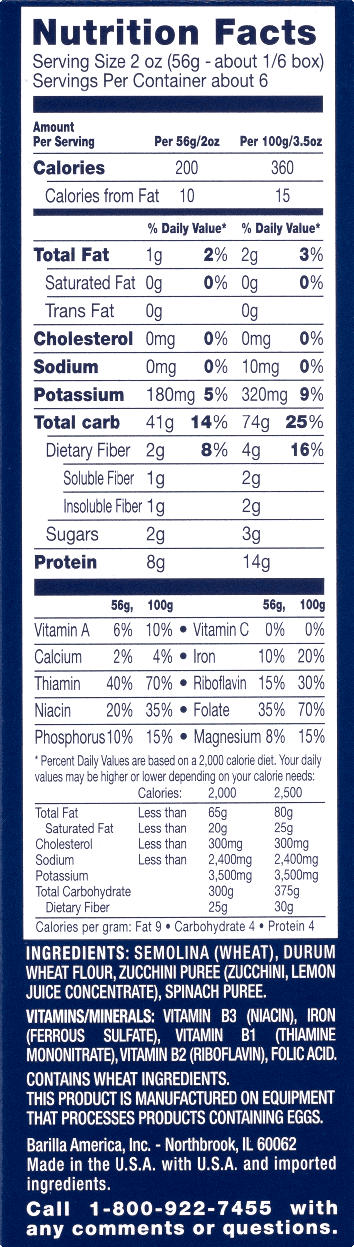 Pasta Nutrition Facts Label