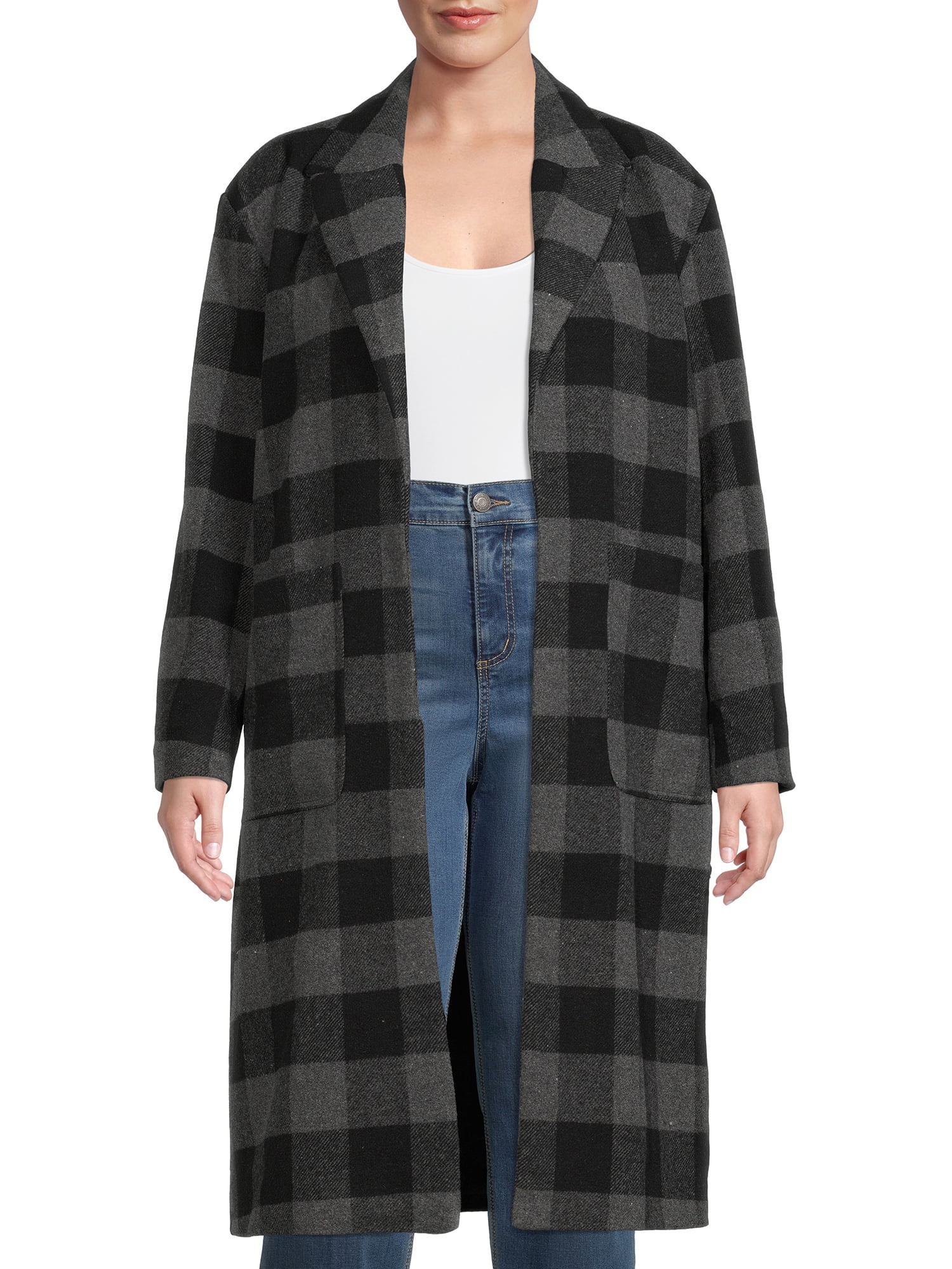 Women Long Coat Check Plaid Duster Ladies Oversized Open Front Sleeves Outerwear 