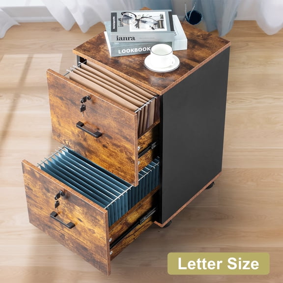 2-Drawer File Cabinet, Mobile Under Desk Storage Cabinet with Lockable Casters, Full Extension Drawer Slides, P2 Wood Office Filing Cabinet for Home Office Kitchen