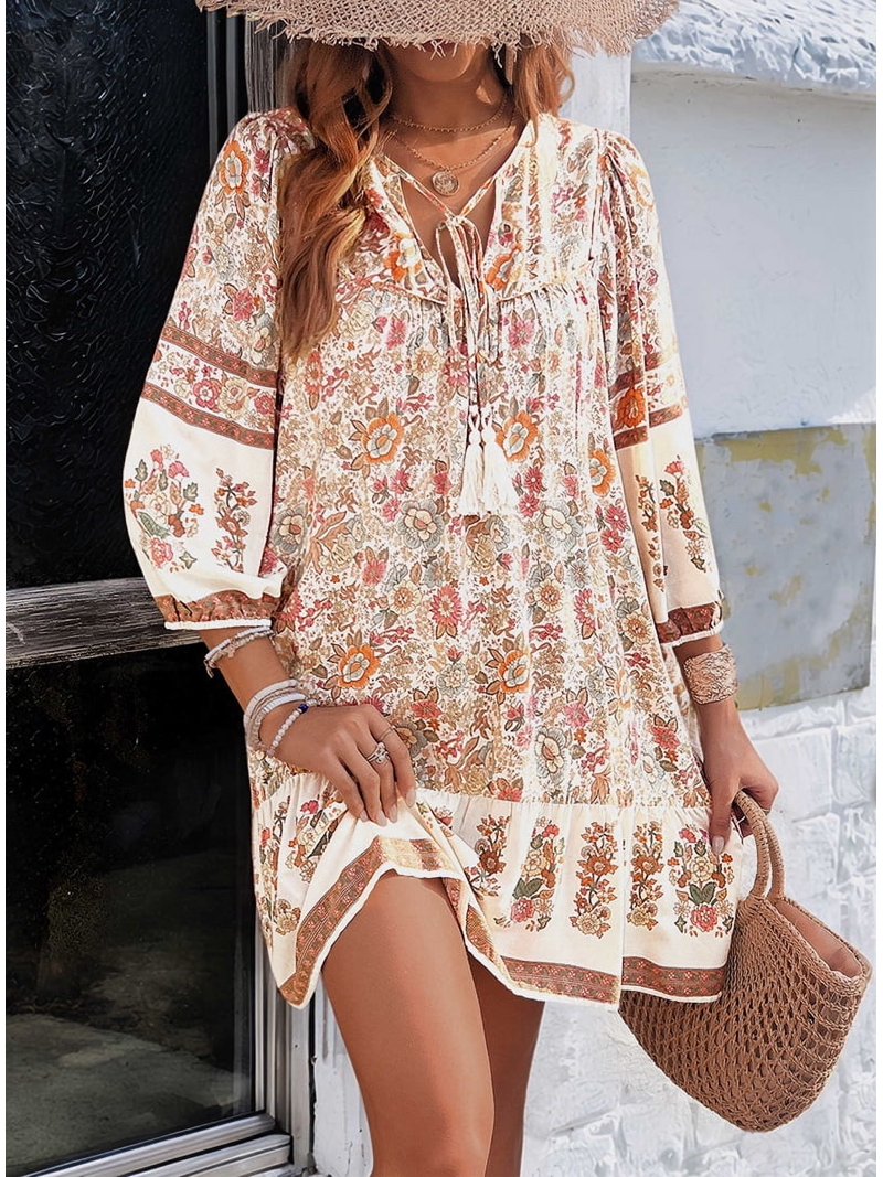 Women Casual Spring Summer Dresses V Neck 3/4 Long Sleeve Floral Flowy Boho  Babydoll Mini Short Beach Dress S - Walmart.com