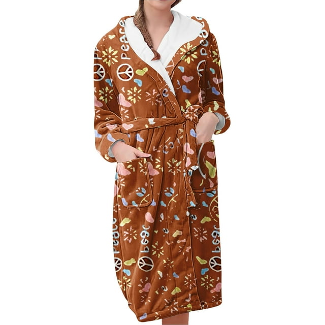 Women's Fleece Plush Robe Long Warm Plush Bathrobe Loungewear Jacket Printed Comfort Robe