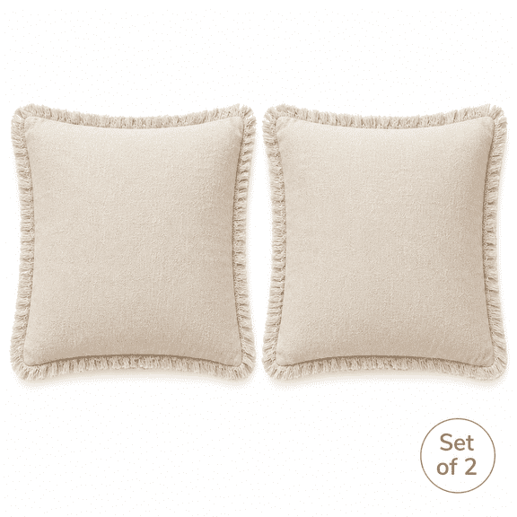 PLERISE 18x18 Inch Linen Fringe Pillow Covers Set of 2, Natural Beige Decorative Throw Cushion Covers with Tassels for Sofa Couch Bed Living Room