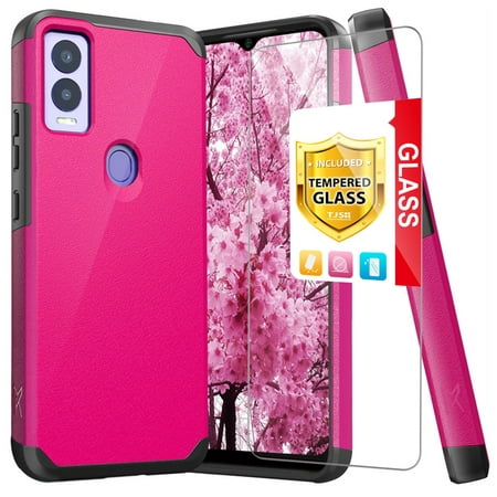 TJS for Cricket Magic 5G Phone Case, with Tempered Glass Screen Protector, Magnetic Support Dual Layer Shockproof Drop Protection Impact Cover (Pink)