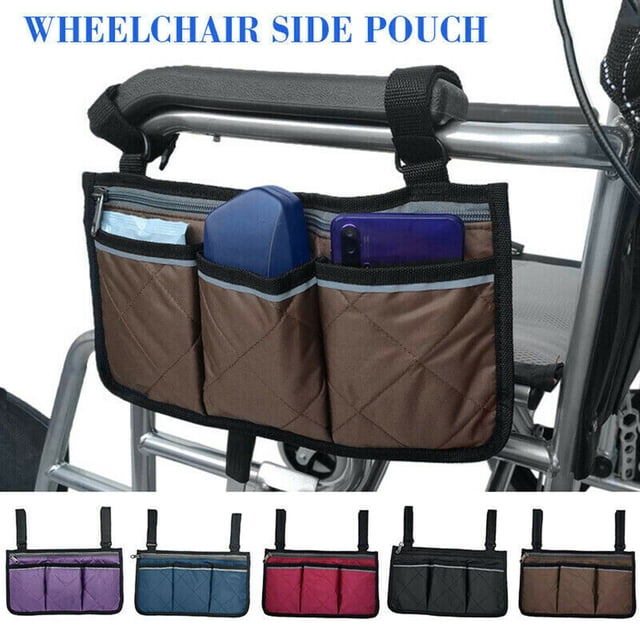 Bolsa de almacenamiento lateral para silla de ruedas, organizador de accesorios para reposabrazos de silla de ruedas con tiras reflectantes para scooters de movilidad, color negro