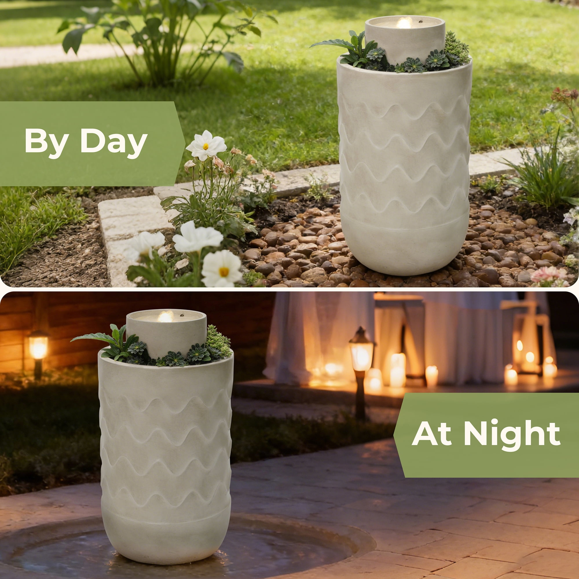 LuxenHome Outdoor Lighted Polyresin Fountain with Planter, Decorative Garden Accent