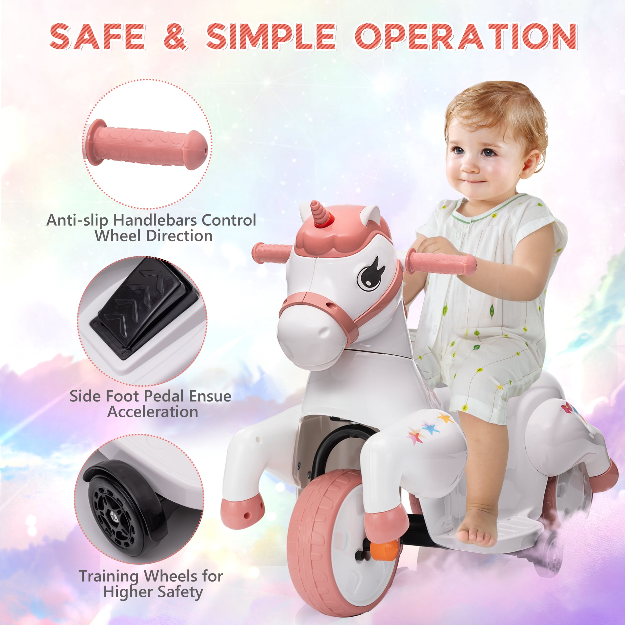 Jaxpety Ride on Unicorn,6V Electric Rocking Horse with Music,Charging Battery,Great Gift for Kids 3-6 Years Old,Pink