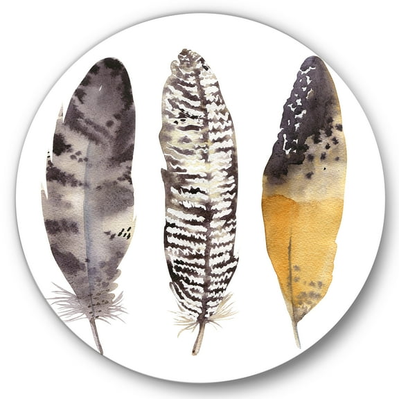 Designart 'Boho Ethnic Art Dark Gray Feathers III' Bohemian & Eclectic Circle Metal Wall Art 36x36 - Disc of 36