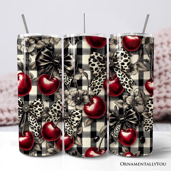 Coquette Cherries And Bows 20oz Personalized Tumbler With Lid and Stainless Steel Straw, Vintage Girly Buffalo Plaid Gift Cup