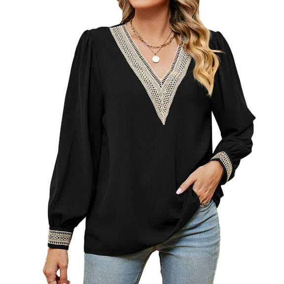 Odbmxy Women's Blouse Spring Long Sleeve Tops for Women Plus Size Bell Sleeve Casual Loose Vintage Basic Plain Tops,Black S