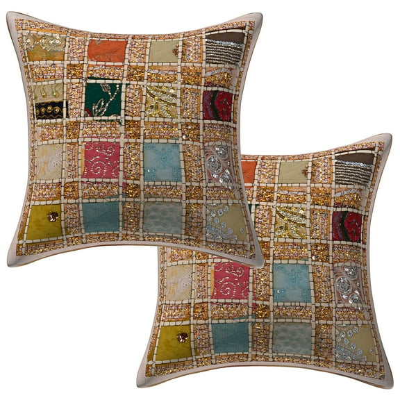 Stylo Culture Ethnic Settee Sofa Throw Pillow Covers 16x16 Patchwork Embroidered White Sequins 40cm x 40cm Home Decor Cotton Geometric Square Cushion Covers | Set Of 2