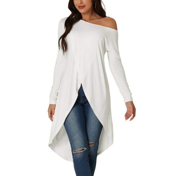 INSPIRAR CHIC Blusa Casual de Una Sola Manga Larga Asimétrica de Bajo Irregular para Mujeres L Blanca