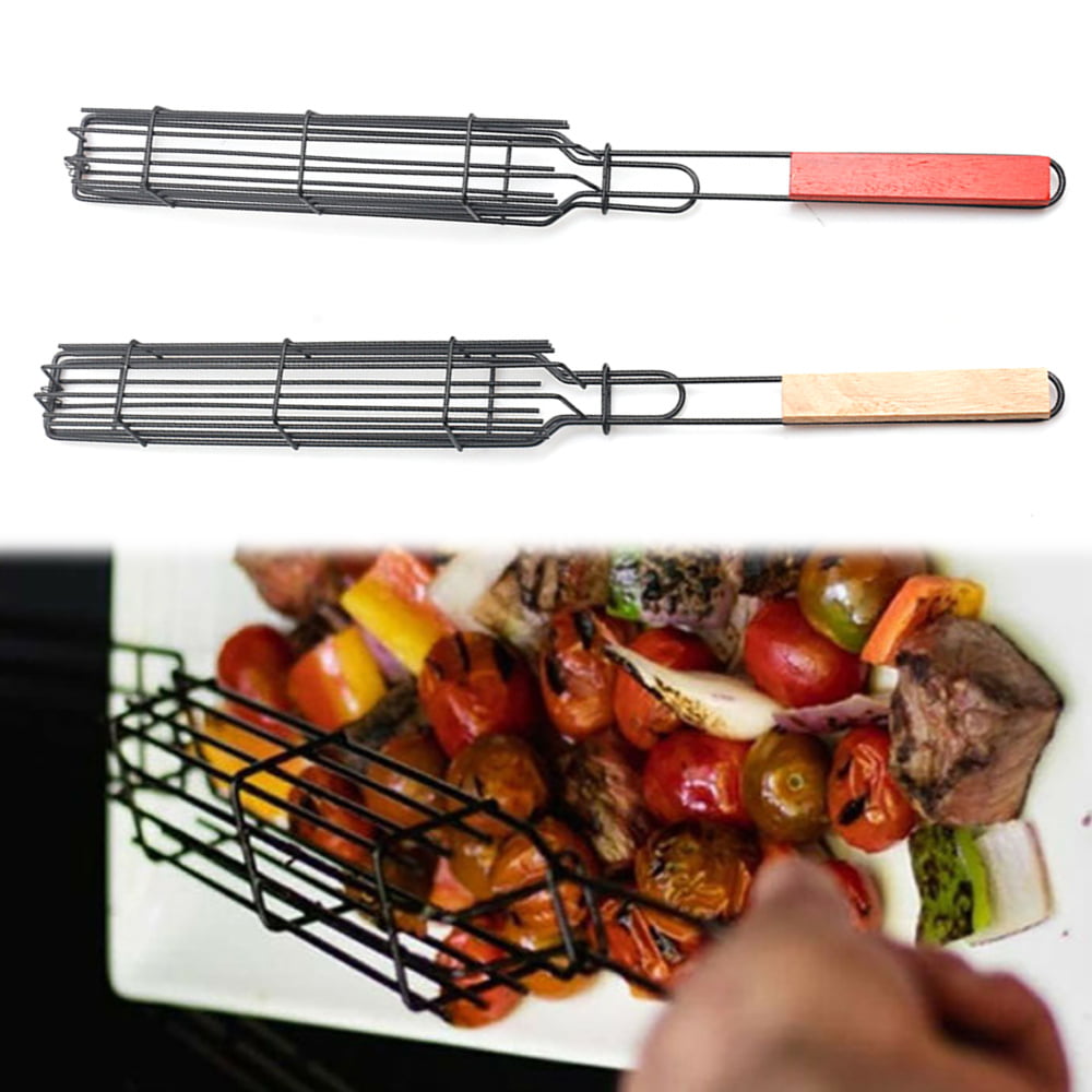 2Pcs BBQ Barbeque Kabob Grilling Basket Rack with Wood Handle Good Quality NEW