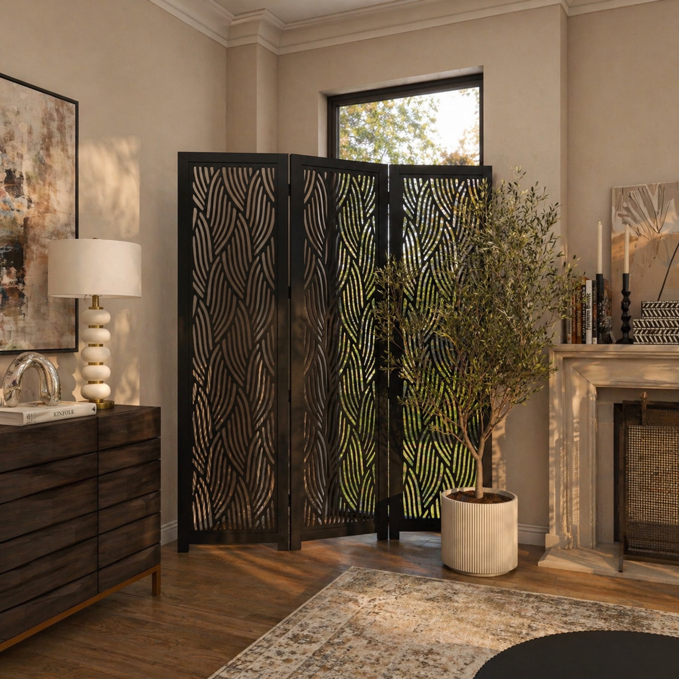 DecMode 60" x 72" Black Mango Wood Abstract Wavy Cutout 3 Panel Room Divider Screen, 1-Piece