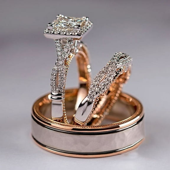 18K gold-plated color separation sparkling zircon ring fashion women's ring three-piece luxury engagement ring eternal diamond wedding ring