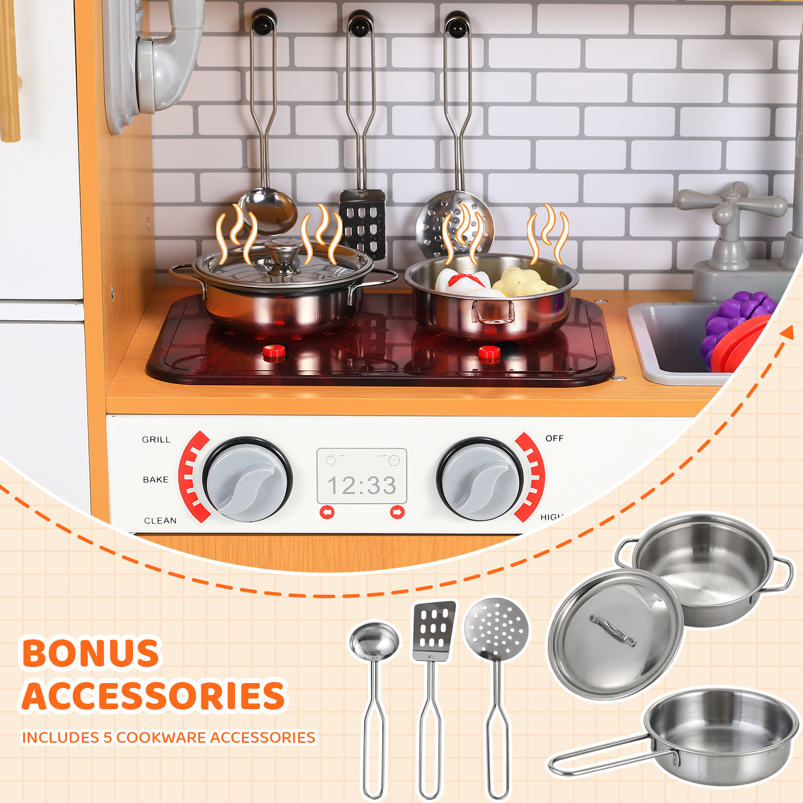 Arlopu Wooden Kids Play Kitchen - Orange with Sound & Light photo 6