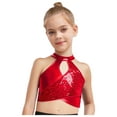 thumbnail image 3 of Nyeemya Jazz Latin Dance Shirt for Girls Disco Party Activewear Tees Ballroom Cross Back Sequin Crop Top Red 14, 3 of 5