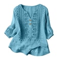 thumbnail image 5 of Womens 3/4 Sleeve Tops Cotton Linen Shirts Embroidered V Neck Button Boho Blouses Loose Fit Dressy Casual Tunic Top,Sky Blue,M, 5 of 7