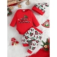 thumbnail image 2 of Liacowi Baby Girl Christmas Clothes Set 3 6 9 12 18 Months Newborn Girls Letter Print Long Sleeve Romper Long Pants Hat 3PCS Infant Fall Christmas Outfits, 2 of 9