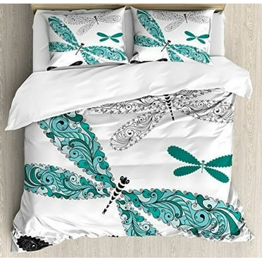 Ambesonne Dragonfly Duvet Cover Set, Ornamental Dragonfly with Lace and Damask Effects Image, Decorative 3 Piece Bedding Set with 2 Pillow Shams, Queen Size, Turquoise Black