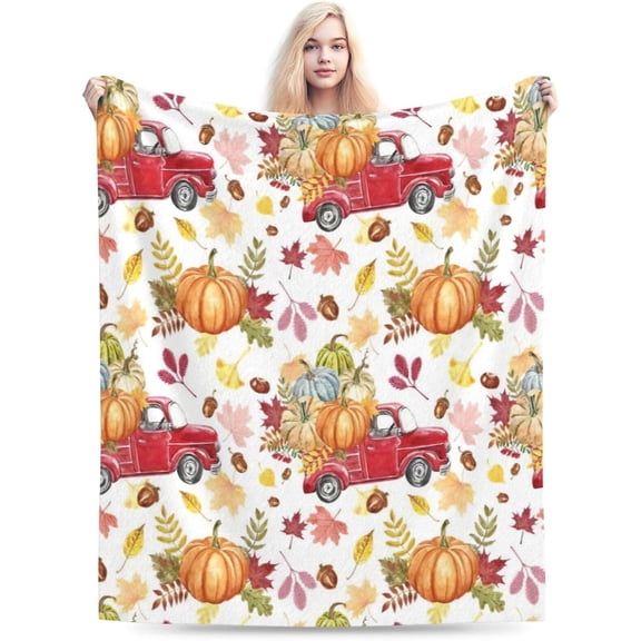 Fall Throw Blanket Red Truck Maple Leaves Orange Pumpkin Autumn Harvest Fleece Fuzzy Gifts Blanket Soft Cozy Warm Flannel Plush Blanket Decor for Home Couch Sofa Bed Chair Dorm 60''''X80''''