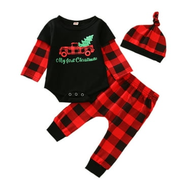 Infant Baby Girls Boys 3PCS My 1st Christmas Bodysuit and Pants with Hat Plaid Holiday Newborn Baby Clothes