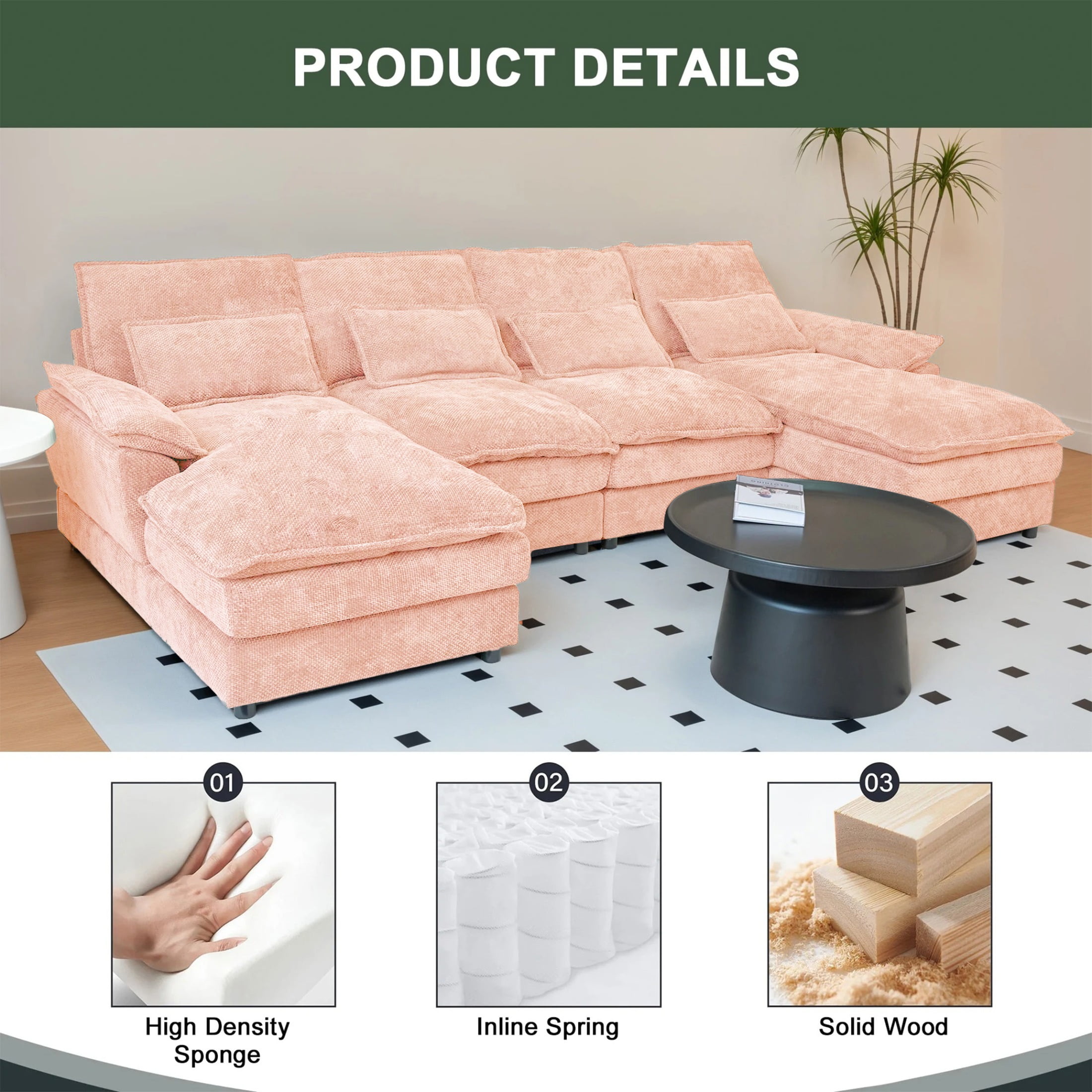 SOULART 110" Cloud Sofa,Pink U shaped Sectional couches for living room, modular couch with Chaise
