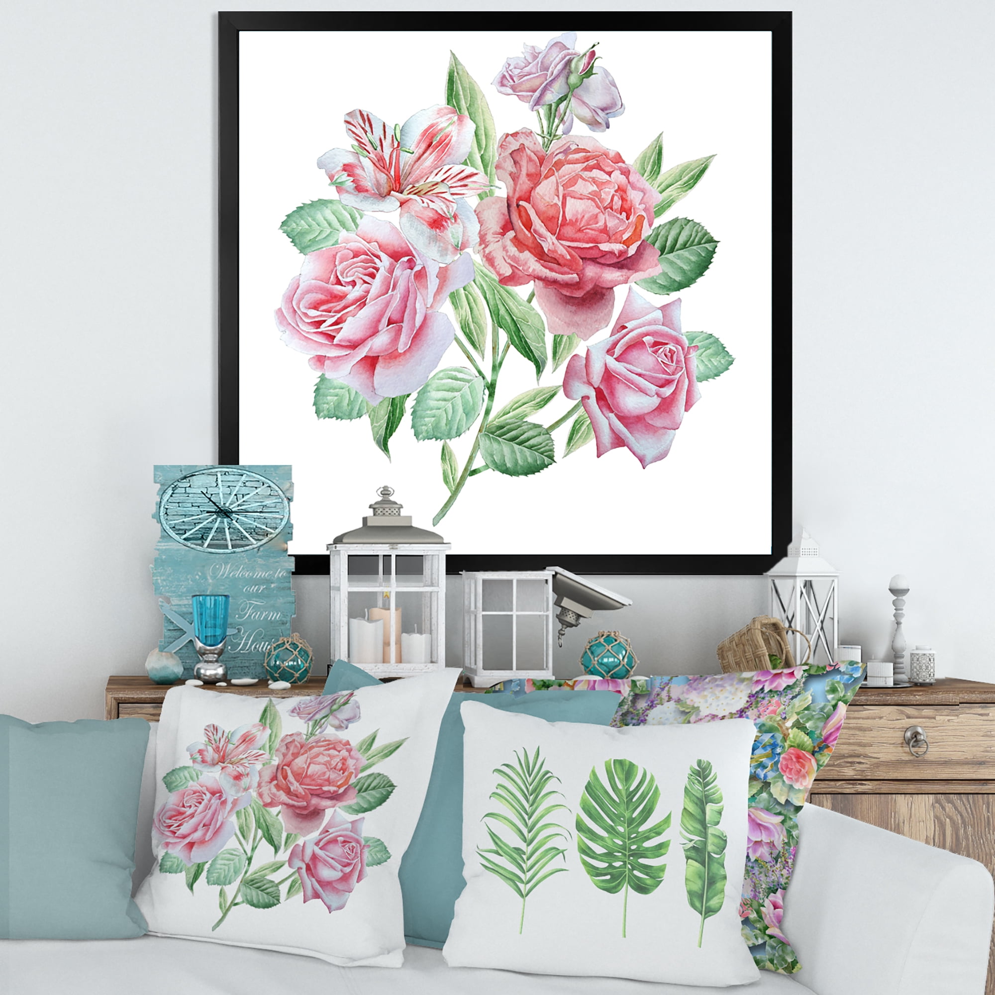 Spring Flowers Alstroemeria Pink Roses 16 in x 16 in Framed Painting Canvas Art Print, by Designart