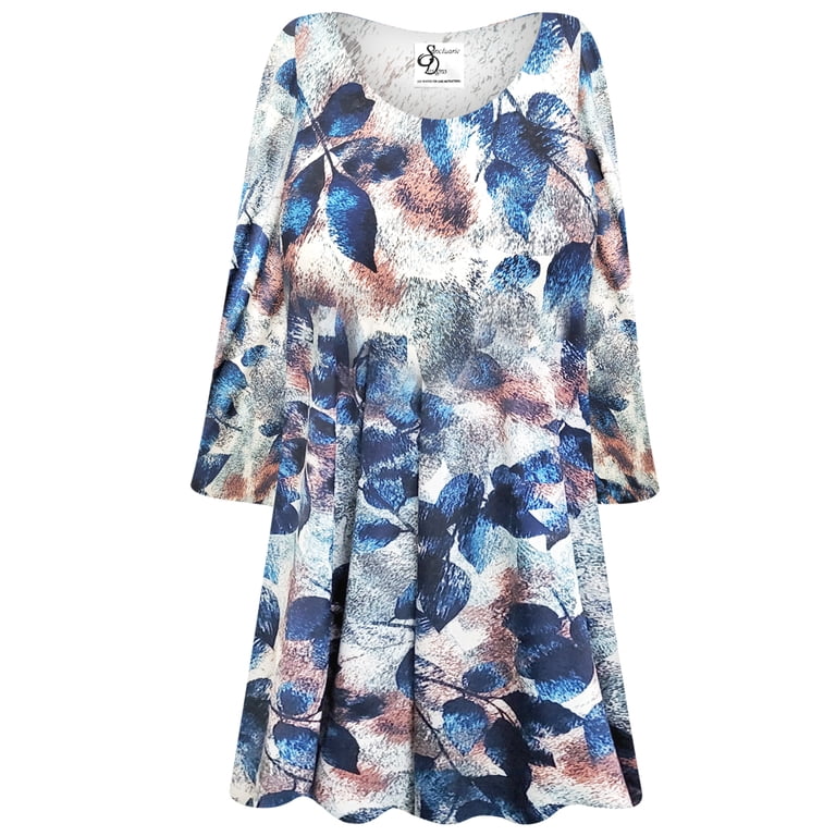 Plus Size 5x Extra Tall Womens Long Sleeve Blue Sialis Abstract Tunic Tops Casual Loose Fitting Flowy Shirts Blouses