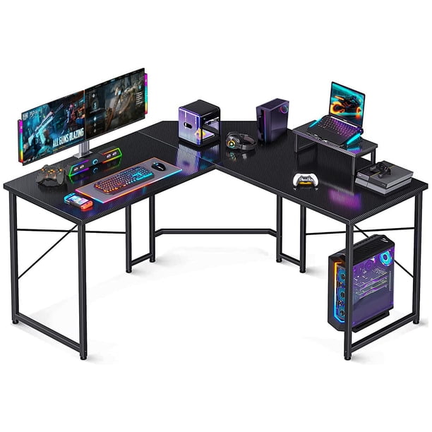 LINGLUCKY Escritorio para computadora, Escritorio en l, Escritorio Gamer de 51 Pulgadas con Soporte para Monitor, Mesa de computadora esquinero, Resistente, Superficie de Fibra de Carbono, Negro