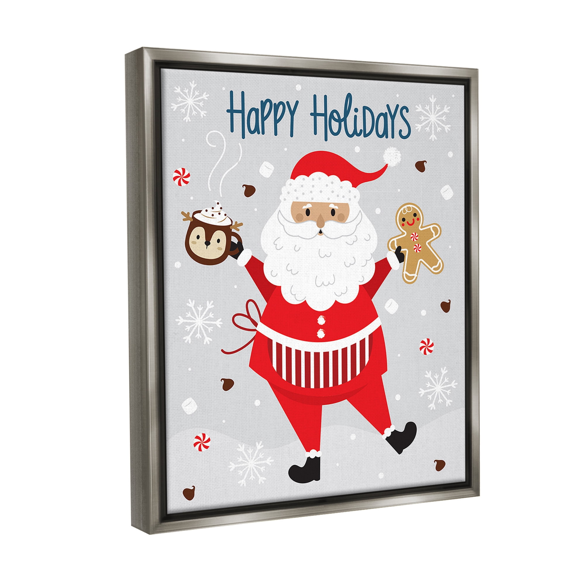 Stupell Industries Santa with Cocoa & Cookie Holiday Painting Gray Floater Framed Canvas Art Print Wall Art, 17 x 21