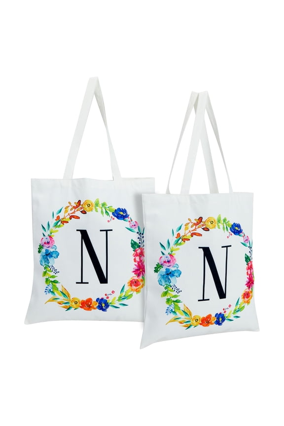 2 Pack Monogrammed Initial Tote Bags, Reusable Grocery Bag for Women, Embroidered Letter N, White, 29 in.